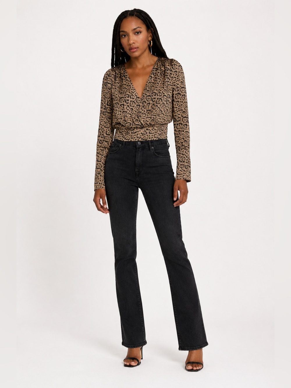 Good American Feline Fine Leopard Print Long Sleeve Faux Wrap Blouse